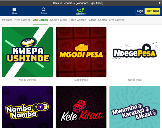 WasafiBet Casino Lite Games 