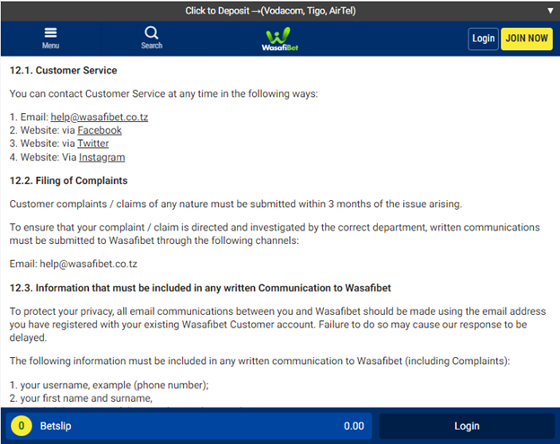 Wasafibet customer support 